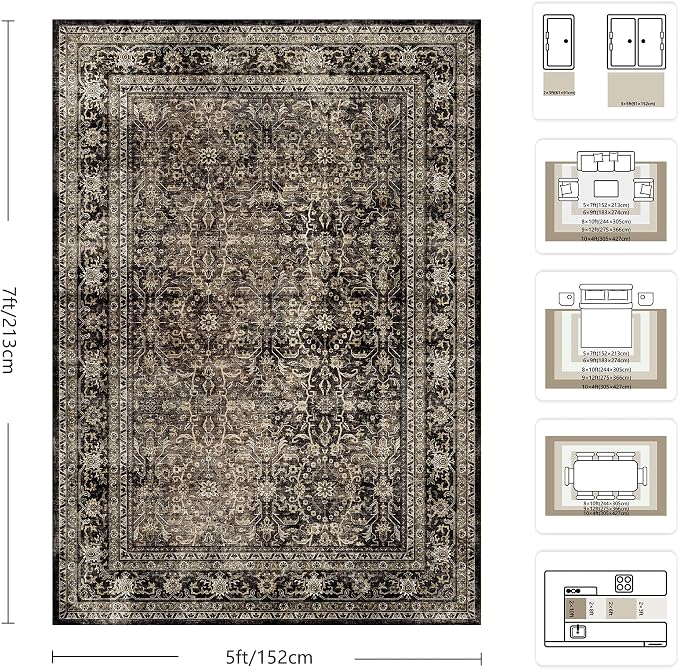 5x7 Area Rugs - Washable Vintage Retro Living Room Rug, Soft Ultra Thin Non - Image 2