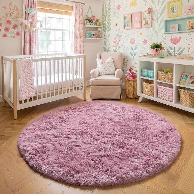 Amdrebio Mauve Pink Round Fluffy Rug 4Ft - Image 6