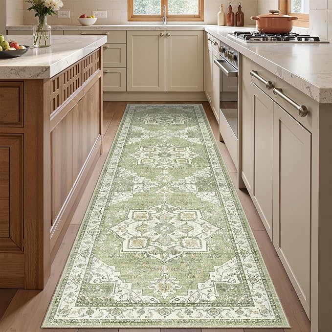 Runner Rug 2x8 Runners for Hallways Washable Rugs, Light Green | Vintage - Image 3