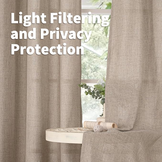 YoungsTex Oatmeal Linen Curtains 45 Inch Length, Burlap Semi Sheer Drapes - Image 3