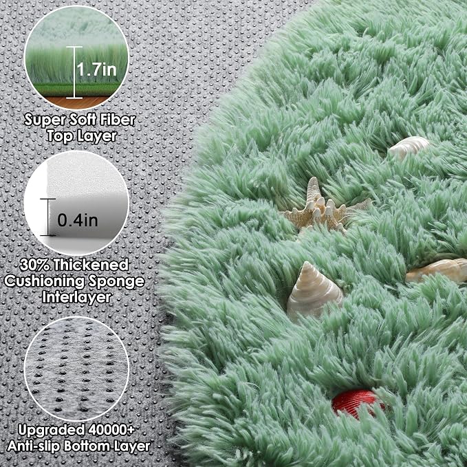 Sage Green Round Rug 4ft, Fluffy Circle Area Rugs - Image 2