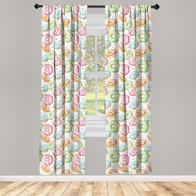 Ambesonne Watercolor Window Curtains, Delicious Donuts Pattern Various Flavors Sprinkles Stars Background, Lightweight Decor 2-Panel Set with Rod Pocket, Pair of - 28" x 84", Pale Fern