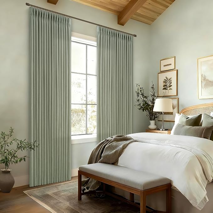 Pleated Memory Shaped Sage Green Linen Semi Sheer Curtains 50 by 80 Inch | - Image 8