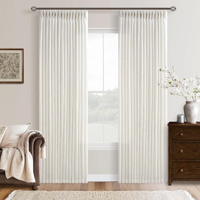 Semi Sheer Linen Pinch Pleated Boho Curtains 102 Inches Long Natural Cream | by Twodrapes