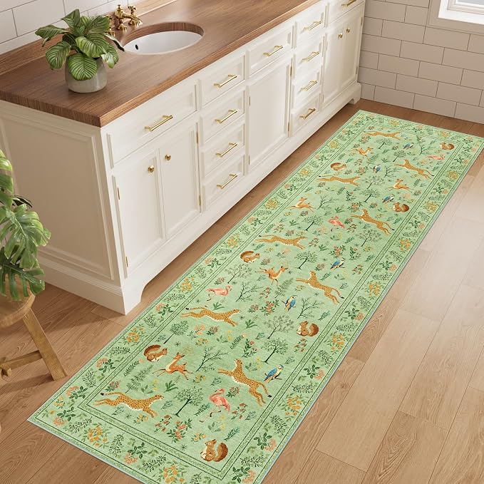 DUKINO 2x6 Runner Rug, Washable Animal Kitchen Rugs Non Slip, Light Green | Soft - Image 3