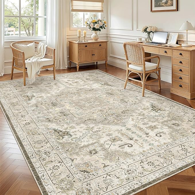 Madane 6x9 Area Rugs for Living Room, Vintage Washable Rug, Ivory/Brown | Stain - Image 2