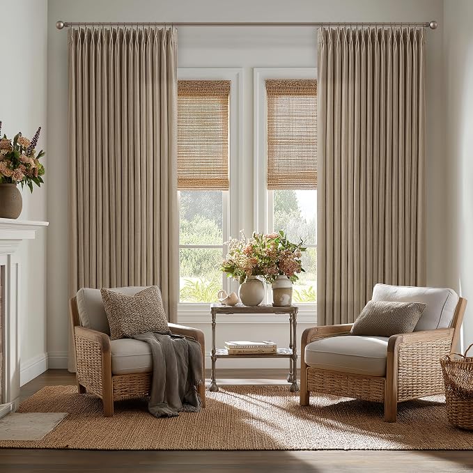 Latte Pinch Pleat Light Filter Thick Linen Semi Sheer Curtains 80 Inch Long | - Image 8
