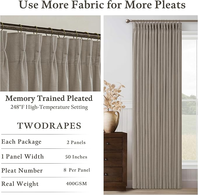 90 Inch Linen Pinch Pleat Semi Sheer Curtains Brown Burlywood Birch 50x90 | - Image 5