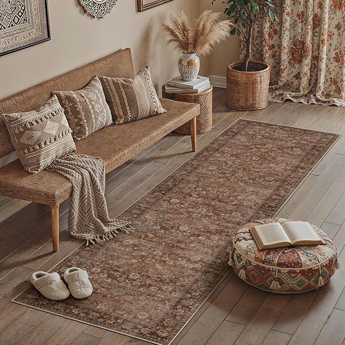 2x10 Brick Red Vintage Floral Washable Runner Rug - Image 2