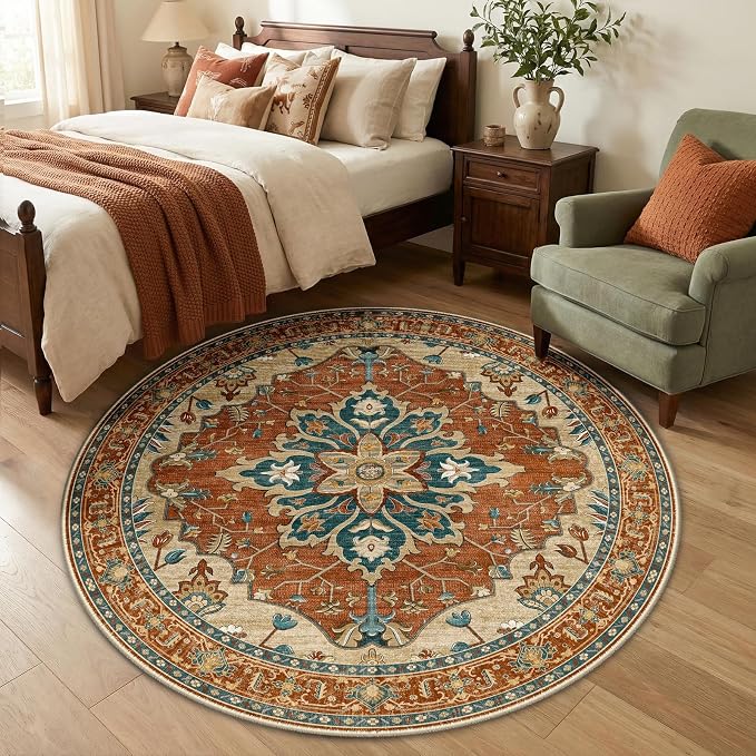 RELEANY Washable Area Rug, Round 5ft, Water Repellent, Pet Friendly, Vintage - Image 2