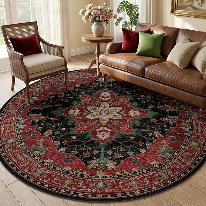 RELEANY Washable Area Rug, Round 6ft, Water Repellent, Pet Friendly, Vintage by RELEANY