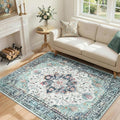RELEANY Washable Area Rug, Teal Green/White/Navy | Non-Slip, Water Repellent by RELEANY