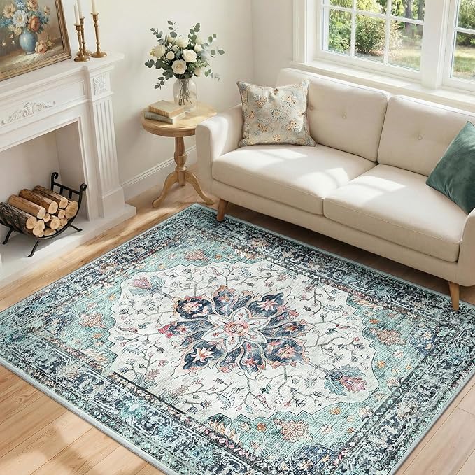 RELEANY Washable Area Rug, Teal Green/White/Navy | Non-Slip, Water Repellent by RELEANY