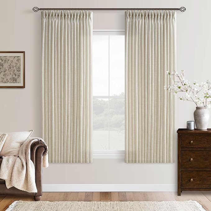 63 Inches Semi Sheer Beige Pinch Pleat Flax Linen Curtains 50x63 2 Panels | by Twodrapes