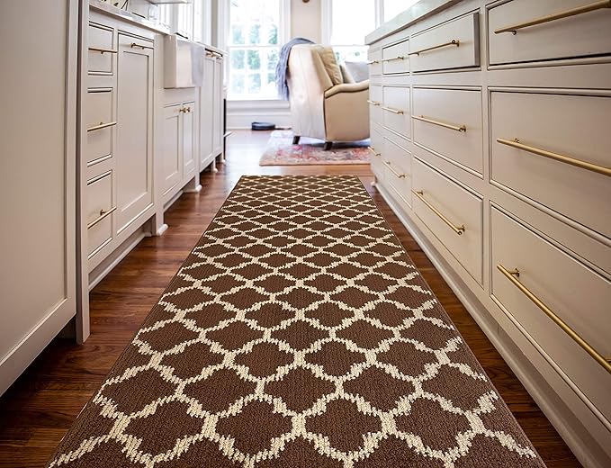 Custom Size Cut to Length Moroccan Trellis Design Runner Rug Mat For Wide Long Hallways with Non-Slip Rubber Backing, Better Traction for Pets, Prevent Slippage, Trellis Brown, 31 inch X 8 feet