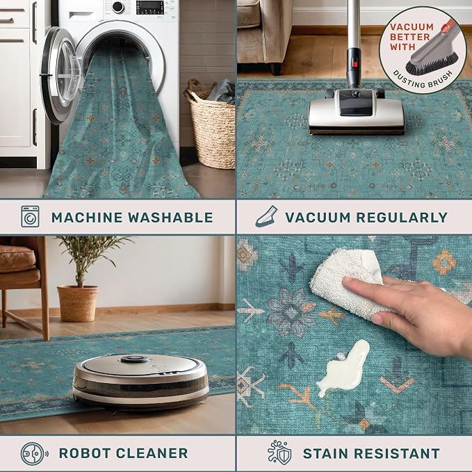 Washable 10x12 Large Teal Teal Boho Living Room Rug - Image 3
