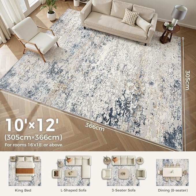 DMOYEST Area Rug Living Room Rugs 10x12 Washable Abstract Beige Blue Carpet | - Image 2