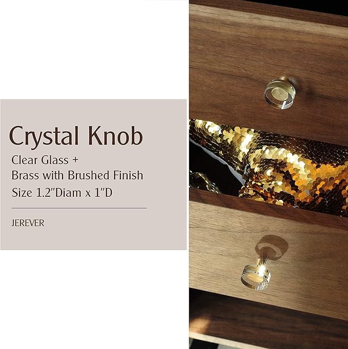 JEREVER 6 Pack Glass Crystal Knobs Brass Drawer Pull Cabinet Handle Gold Furniture Hardware for Dresser Kitchen (Round)