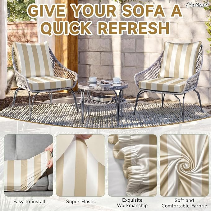 CALBODE 8 Pcs Outdoor Seat Cushion Covers, Striped Stretch Chair Seat Cover - Image 4
