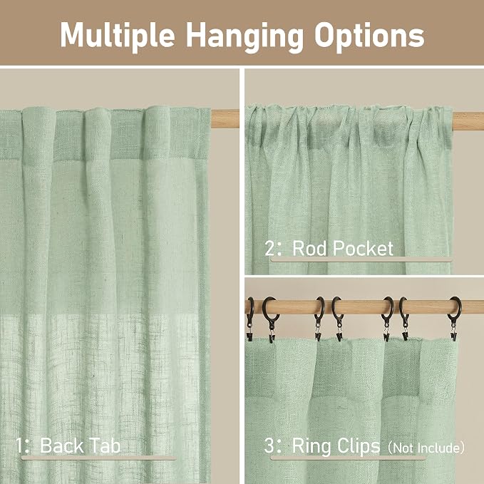 Fresh Green Linen Curtains for Living Room Bedroom 2 Panels | 84 inch Length - Image 3