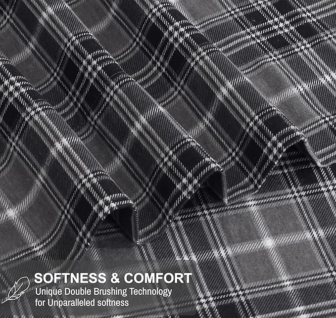 RUVANTI Flannel Sheets King Size - 100% Cotton Brushed King Size Sheets Set - Deep Pockets 16 Inches Bed Sheets - All Seasons Breathable & Extra Soft - Warm & Cozy, 4 Piece, Grey Plaid