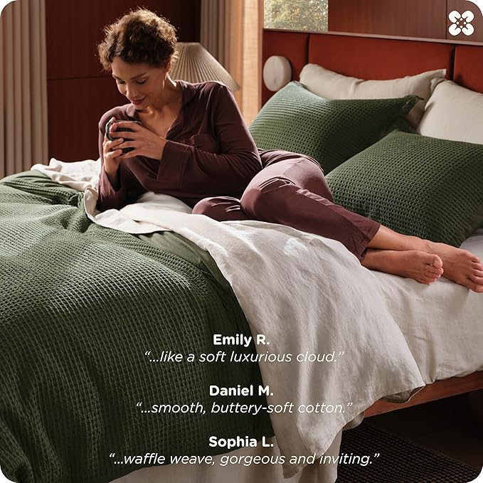 Bedsure Cotton Duvet Cover Set - 100% Cotton Waffle Weave Olive Green Duvet Cover Oversized King Size, GentleSoft™ and Breathable Bedding Set for All Season, 3 Pieces, 120"x98"