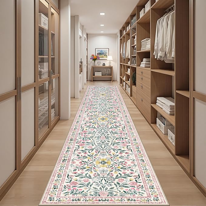 PLHXFR 2.6x14 Washable Runner Rug：Floral Indoor Kitchen Carpet Pink Green | - Image 5