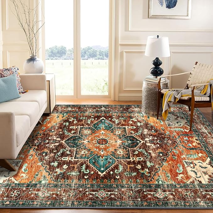 Yamaziot Area Rug 5x7, Non-Slip Washable Boho Vintage Living Room Rug | Stain - Image 5