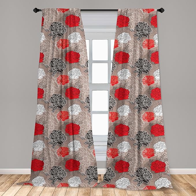 Ambesonne Floral Curtains, Blossoming Peonies Vintage Botanical Composition Abstract Petals and Buds, Window Treatments 2 Panel Set for Living Room Bedroom, Pair of - 28" x 63", Red Grey