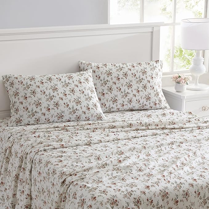 Laura Ashley - Flannel Sheets Queen Size, Anti-Pilling & Wrinkle Resistant Cotton, Touchably Soft for All-Season Comfort - Bed Sheets with Matching Pillowcases & Fitted Sheet (Le Fleur Orange)