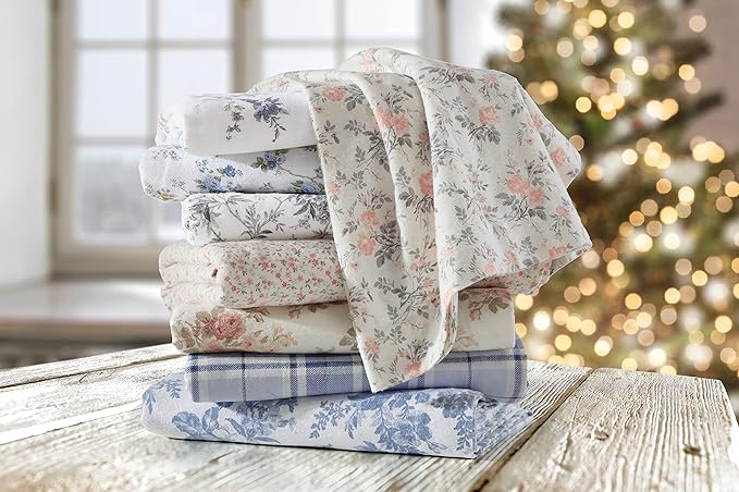 Laura Ashley - Flannel Sheets Twin Size, Anti-Pilling & Wrinkle Resistant Cotton, Touchably Soft for All-Season Comfort - Bed Sheets with Matching Pillowcase & Fitted Sheet (Vanessa Blue)
