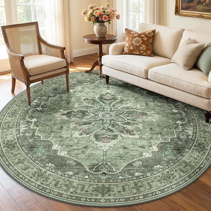 RELEANY Washable Area Rug, Round 6ft, Water Repellent, Pet Friendly, Vintage by RELEANY