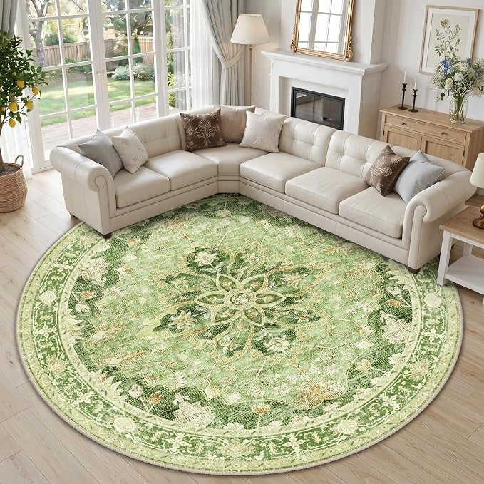 RELEANY Washable Area Rug, Round 10ft, Water Repellent, Pet Friendly, Vintage by RELEANY