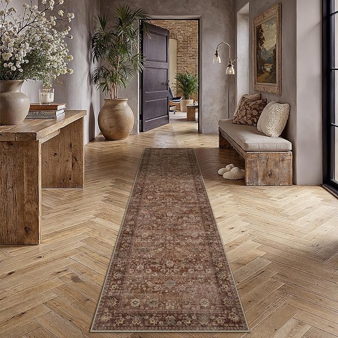 2'6''x10' Brick Red Vintage Floral Washable Runner Rug - Image 2