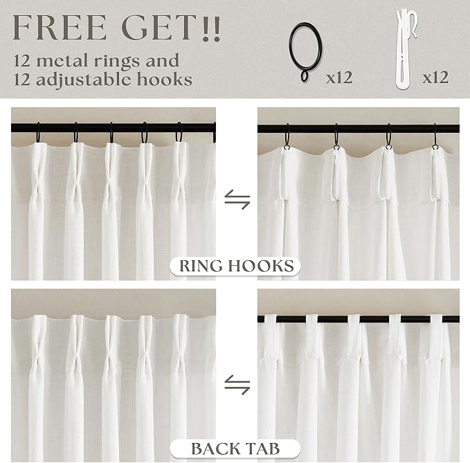 Beige White Pinch Pleated Linen 92 Inch Curtains 60 Inch Width | Linen Blend - Image 5