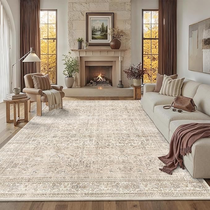 Schweek 9x12 Washable Area Rug Non Slip Neutral Beige Rug by Schweek