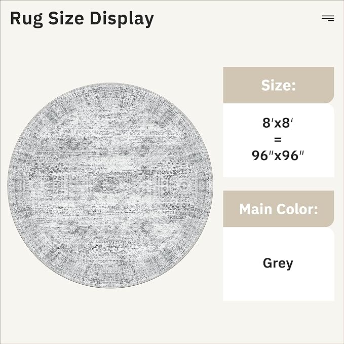 Soalmost Round Rugs 8ft Living Room Circle Area Rug 8x8 Grey Vintage | Washable - Image 3