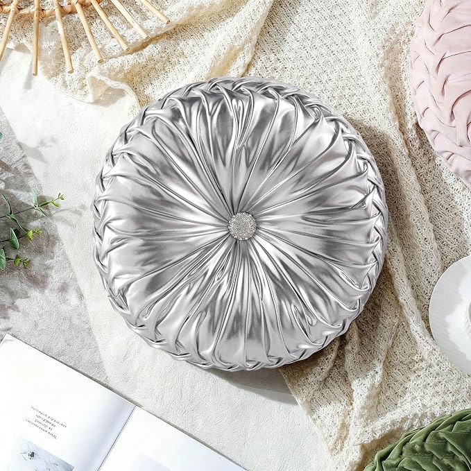 HIG Set of 2 Silver Metallic Leather Decorative Round Pleated Throw Pillows | - Image 7