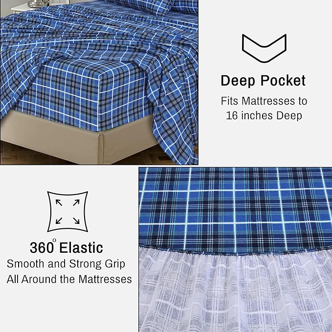 RUVANTI Flannel Sheets Twin Size - 100% Cotton Double Brushed Twin Sheets Set, Deep Pockets 16 Inches, All Seasons Breathable & Extra Soft Bed Sheets, Warm & Cozy, 3 Piece, Blue Plaid