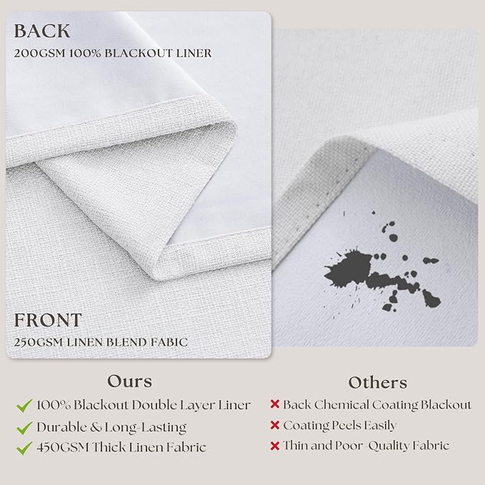 Snow White Pleated Linen 100% Blackout Curtains 105 Inches Long | Pinch Pleat - Image 6