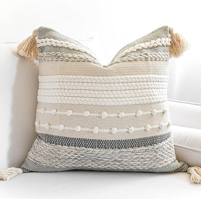Gray Boho Throw Pillow Cover 22x22, Square Woven Textured Pillowcase, Modern by BlissBlush