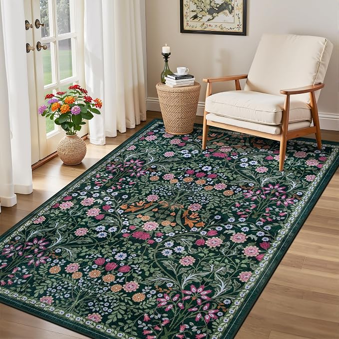 PLHXFR Area Rug Living Room: 3x5 Floral Washable Boho Carpet Dark Green | - Image 4