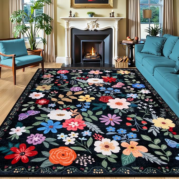 PLHXFR Area Rug 9x12 Living Room: Floral Washable Boho Soft Carpet Black | by PLHXFRSoftAreaRugs