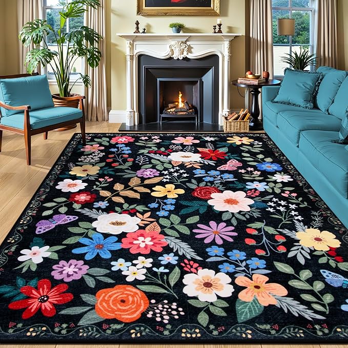 PLHXFR Area Rug 10x14 Living Room: Floral Washable Boho Soft Carpet Black | by PLHXFRSoftAreaRugs