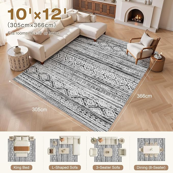 cotiled Boho 10x12 Area Rug for Living Room: Large Moroccan Washable Rug | - Image 8