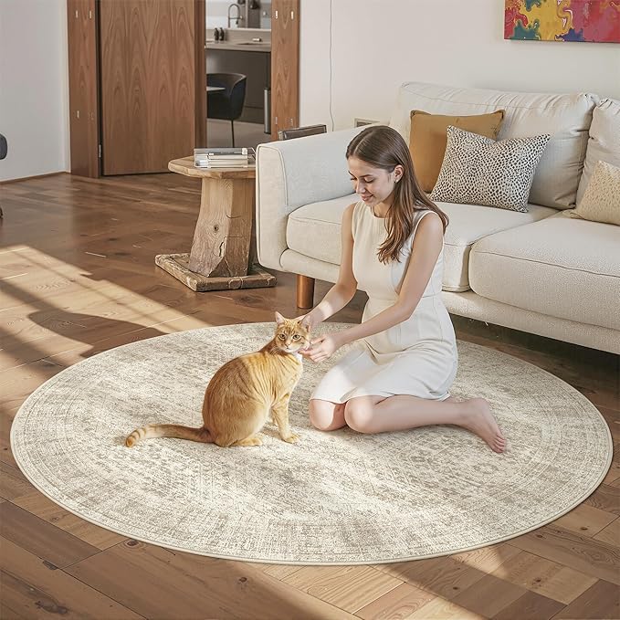 Soalmost 5x5 Beige Round Rug 6ft Circle Living Room Area Rugs Non-Slip | - Image 4