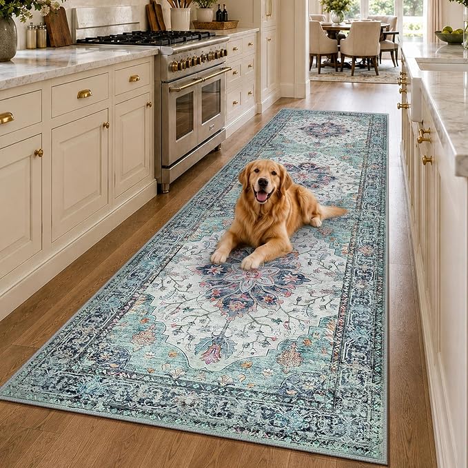RELEANY Washable Area Rug, Runner 3'x10', Teal Green/White/Navy | Non-Slip - Image 2