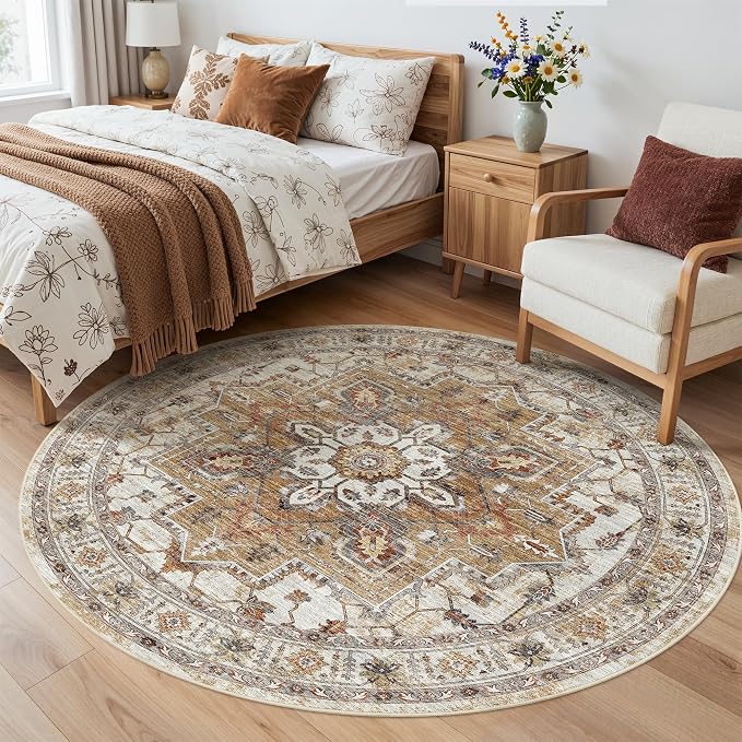 Madane Washable 5ft Circle Round Rug, 5x5 Circular Area Rugs, Turmeric/Grey | - Image 3