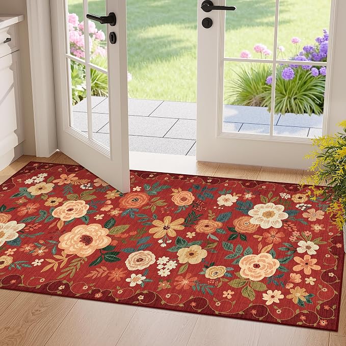 DUKINO 2x4 Entryway Rug, Floral Washable Kitchen Rugs Non Slip, Soft Indoor by DUKINO