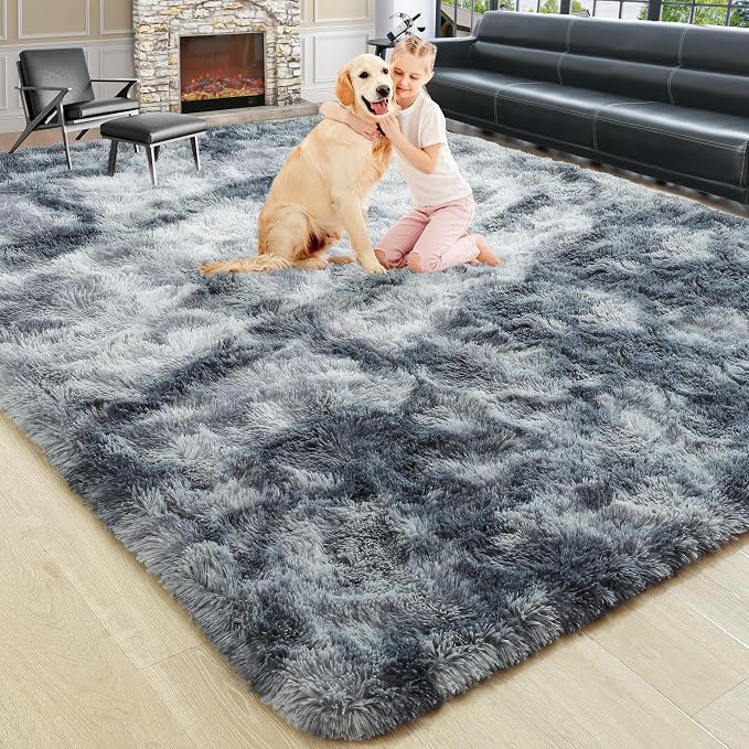 Noahas 8x10 Extra Large Tie-Dyed Blue and Grey Fluffy Area Rug Non-Slip - Image 8